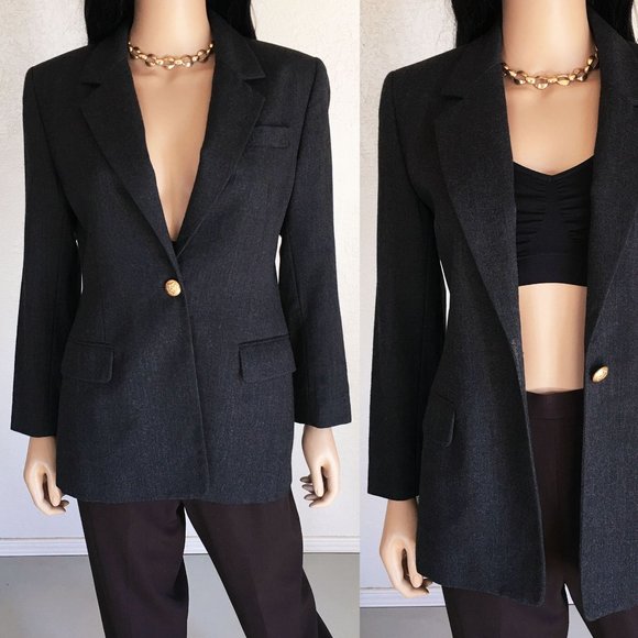 Vintage Jackets & Blazers - Vintage 90s 100% wool charcoal gray fitted minimalist blazer jacket